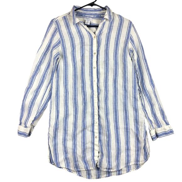Antibes Blanc Womens Shirt Blue White Stripe Collared Button Down Linen Small - Picture 1 of 13